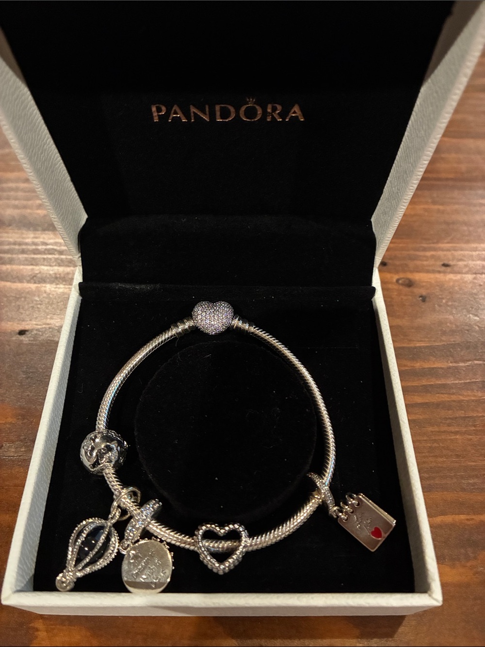Pandora Silver Heart Clasp Charm Bracelet with Dangling Accents